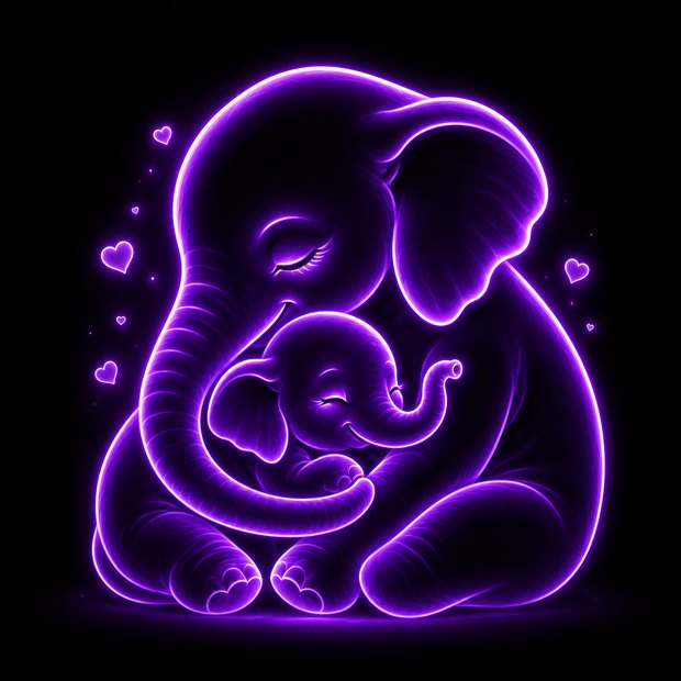 A neon-purple elephant cradling its calf