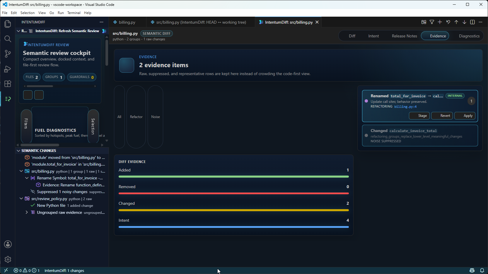 The evidence tab listing the raw changes behind each classification