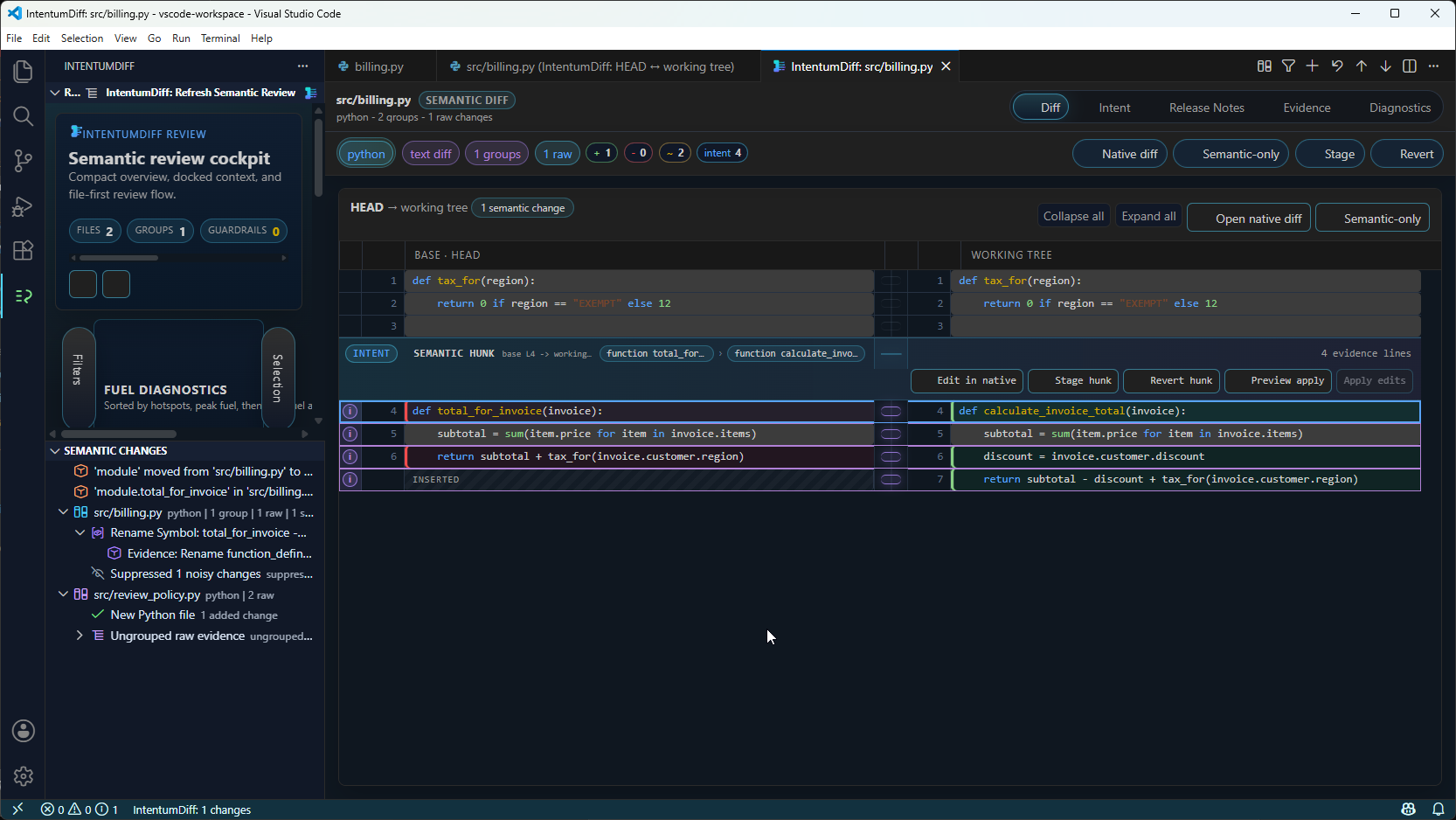 The semantic review panel showing intent, evidence and a native diff