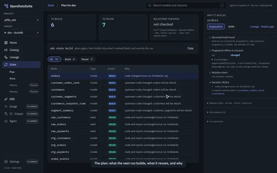 The Plan and its Why panel in ods serve, in dark mode