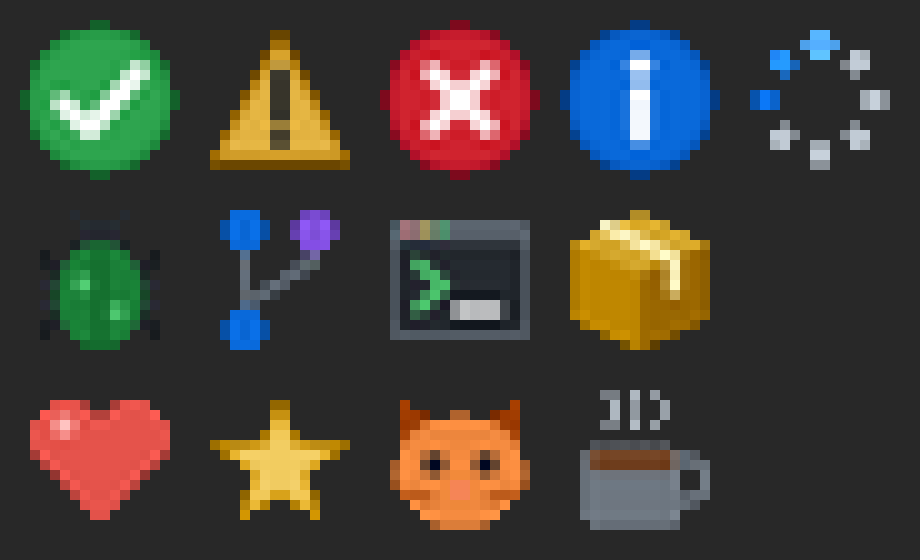 Every built-in micro asset: the status, dev and fun packs, one row each