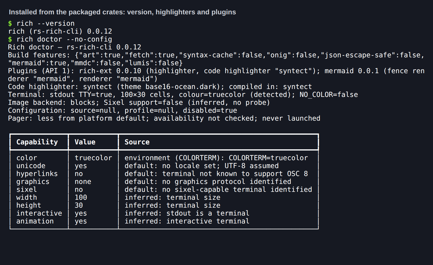 Installed from the packaged crates: version, highlighters and plugins