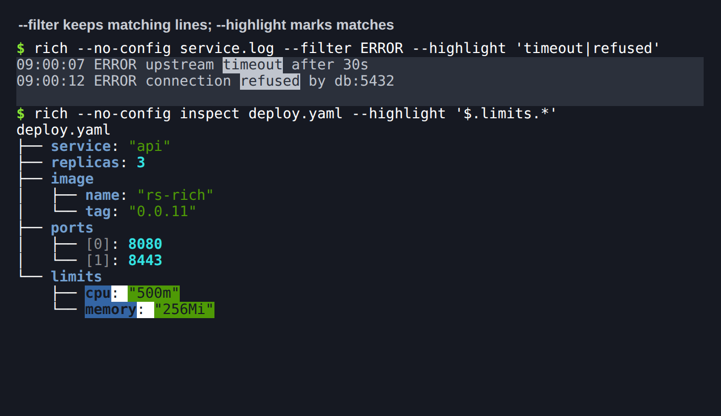 --filter keeps matching lines; --highlight marks matches