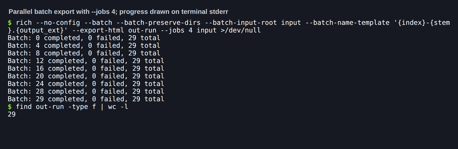 Parallel batch export with terminal progress