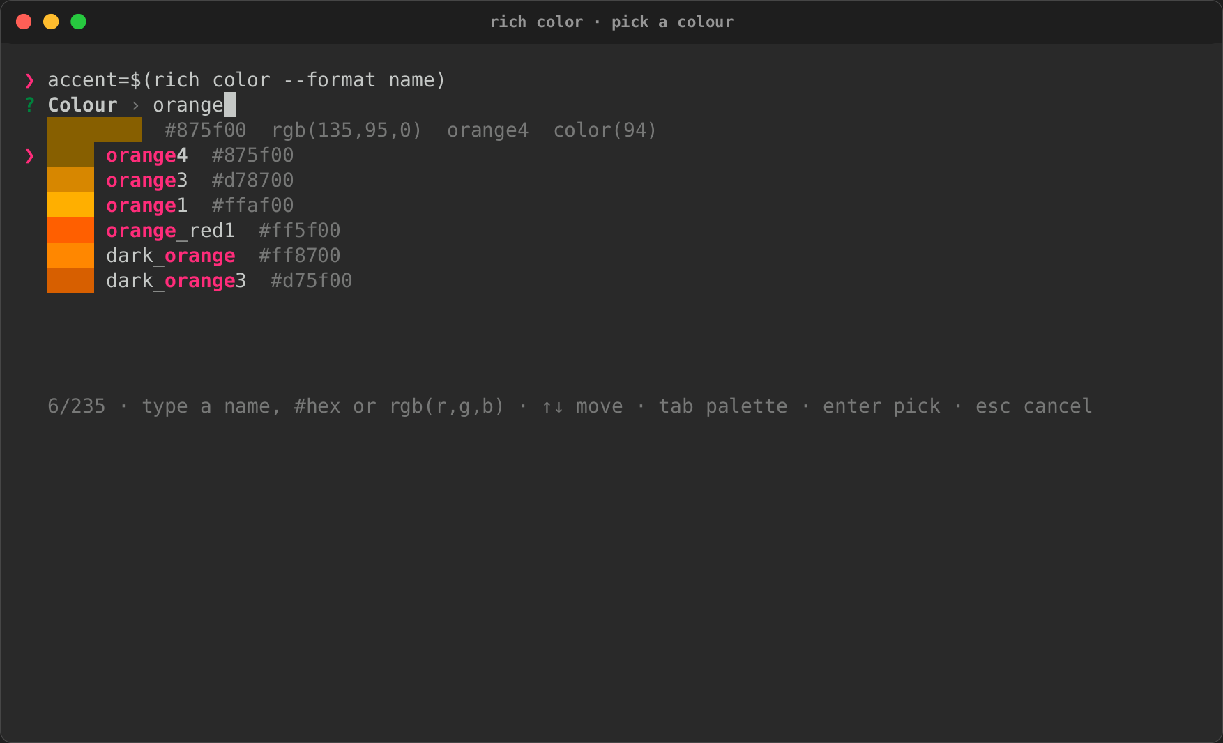 Named colours with a swatch