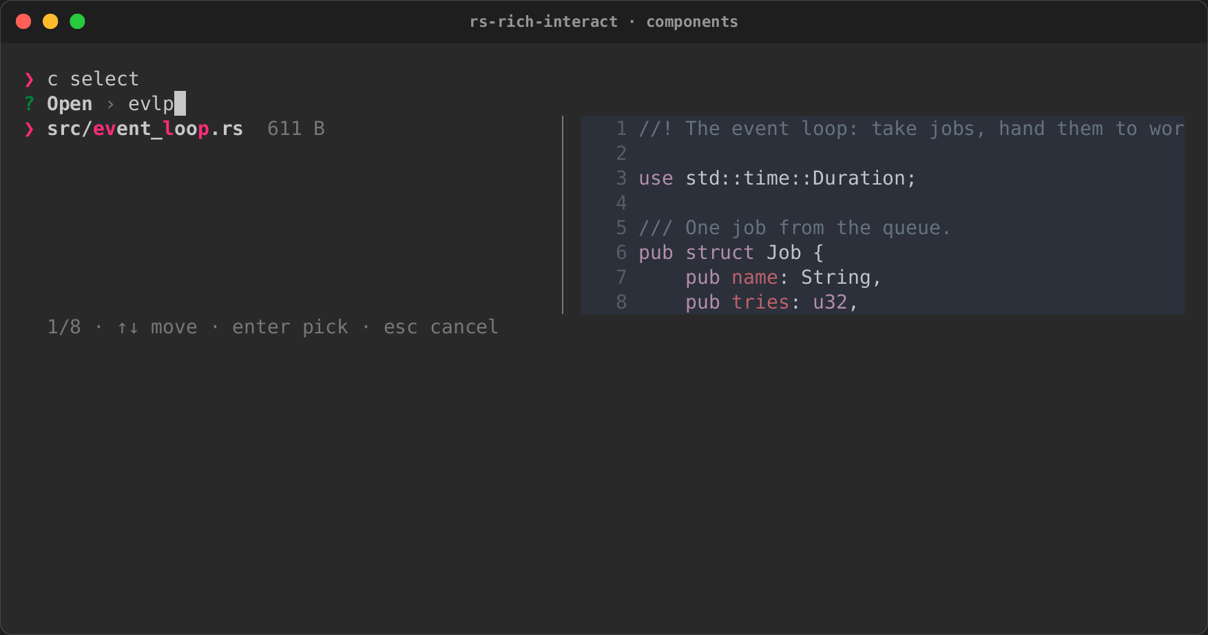 A fuzzy file picker with a highlighted preview