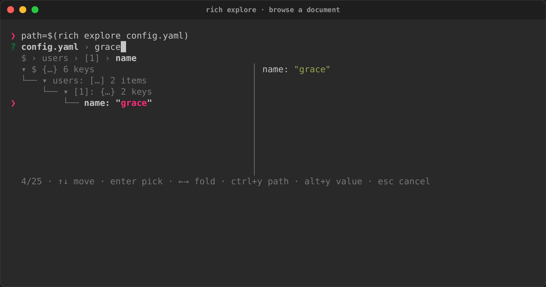 rich explore searching a YAML document