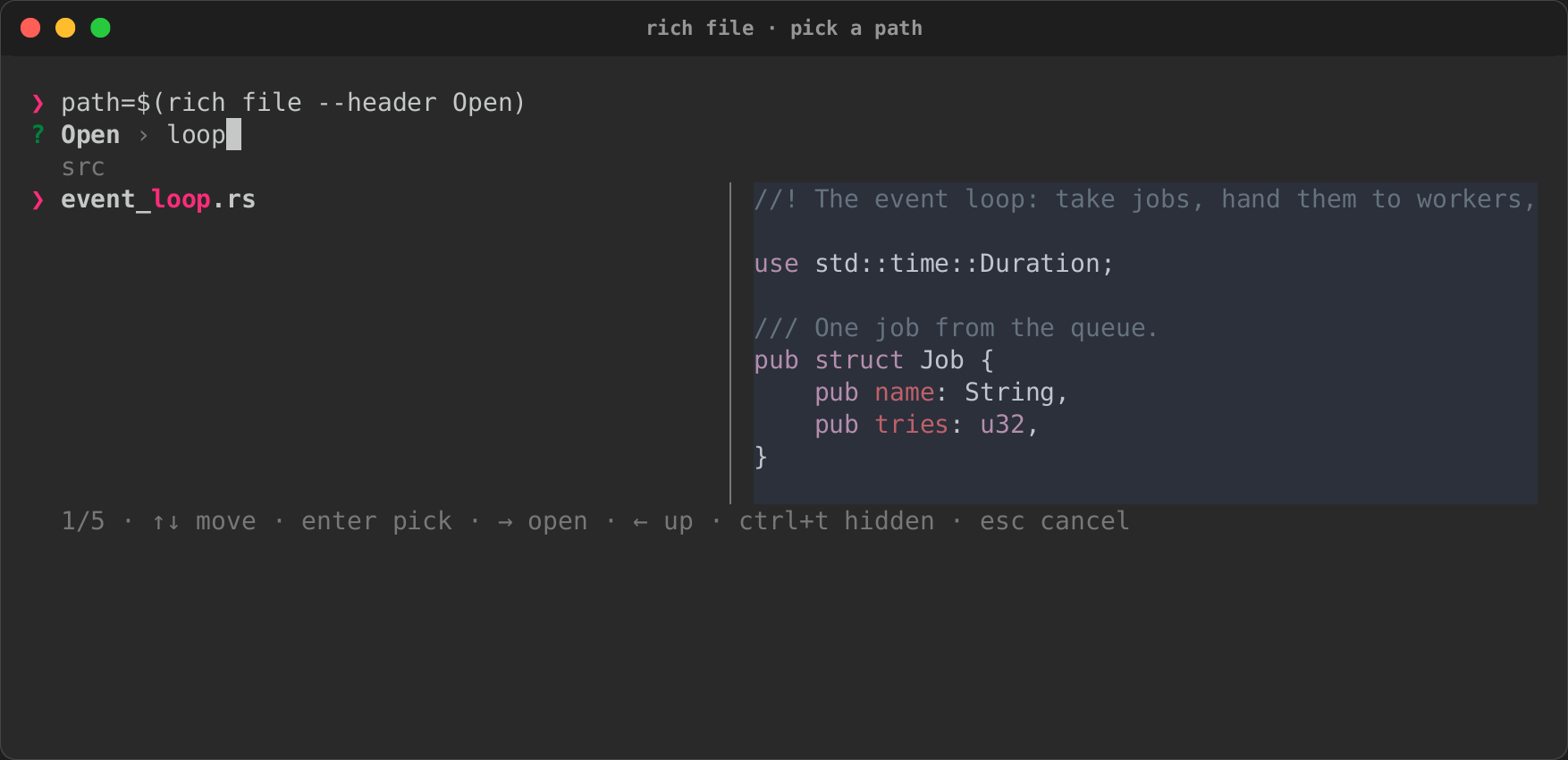 rich file previewing a file before picking it