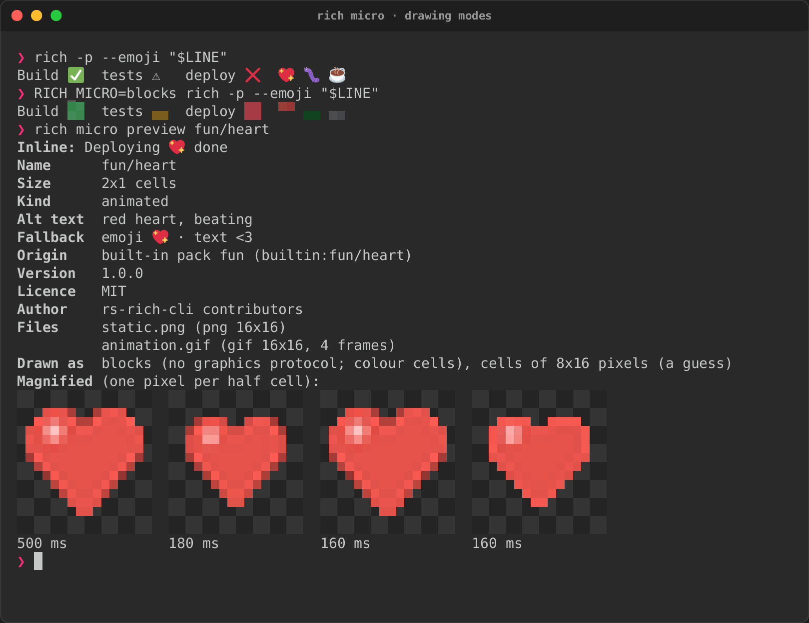The same line drawn with the emoji and as half-blocks, then fun/heart previewed