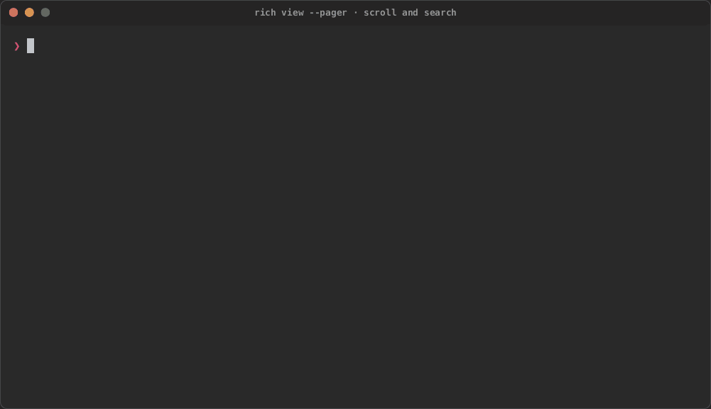 rich view paging a Rust file through less and searching it