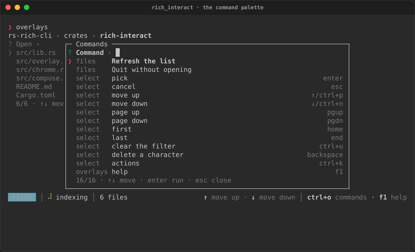 The command palette over a file list