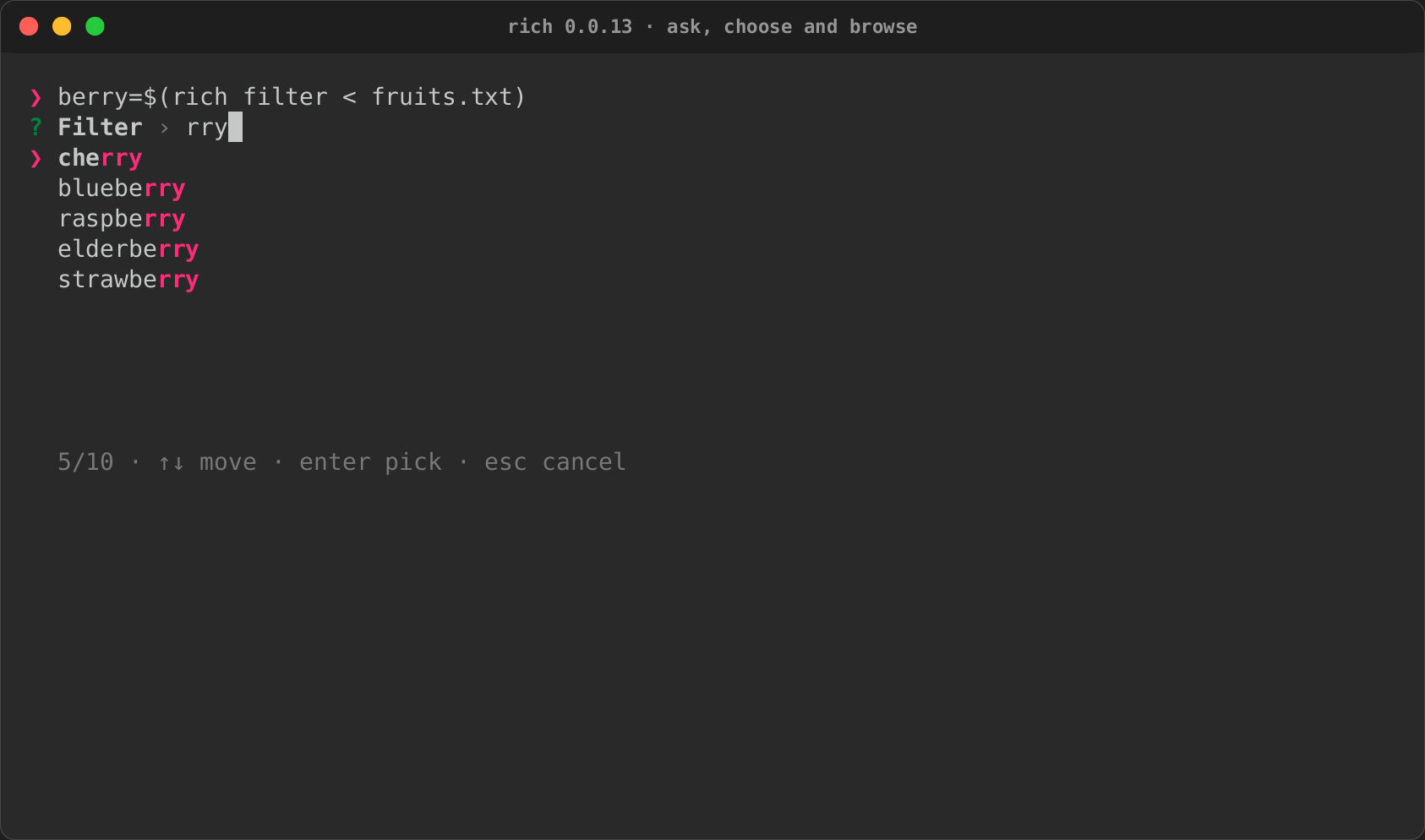 rich filter over a piped list: keys come from the terminal